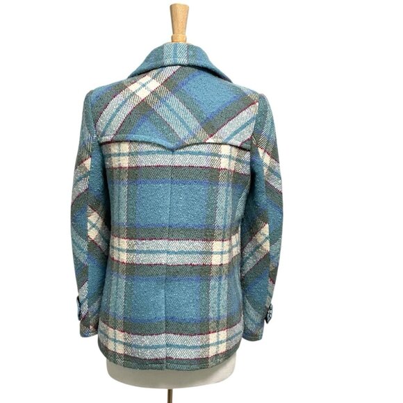 Sundance Wool Blend Plaid Double Breast Coat Twee Boho Blue size XS Petite - Picture 7 of 9